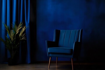 Elegant blue velvet armchair against dark blue curtain backdrop with decorative palm plant, creating moody atmospheric interior on wooden floor.