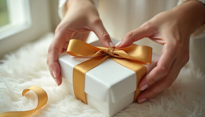 Woman ties golden ribbon on gift box. Hands wrap present for holiday. Luxury gift wrapping process on soft furry surface. Female prepares gift for special occasion celebration.