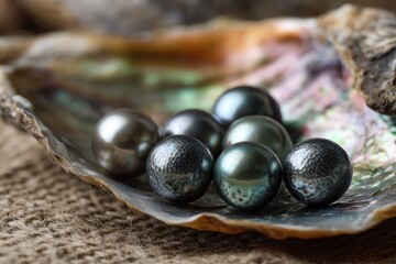 A close-up showcasing lustrous, spherical gems nested within a textured, iridescent seashell