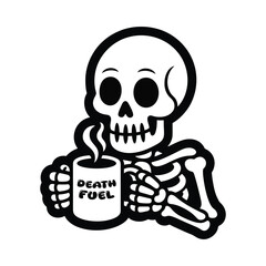 funny skeleton with coffee mug labeled death fuel cartoon vector.eps
