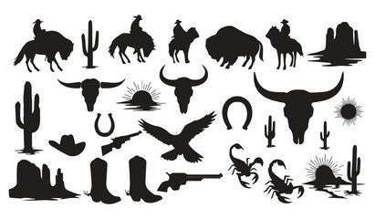 Collection of western silhouette icons featuring cowboys horses buffalo cactus and skull symbols