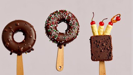 Chocolate-covered donut ice cream treats with festive sprinkles and playful cherry decorations on wooden sticks for a creative dessert experience