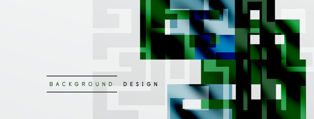 Abstract geometric pattern. Gray squares blend with vibrant green, blue hues. Modern design element for backgrounds, banners.