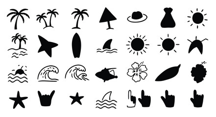 Collection of black and white tropical and summer vacation icons and symbols for design