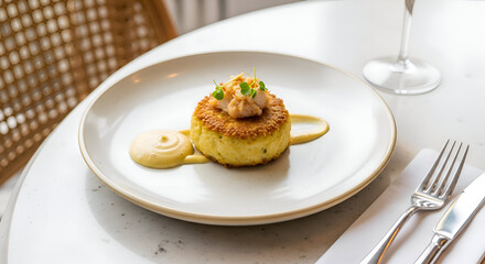 Gourmet meal on a plate served in a restaurant, food photography, culinary art
