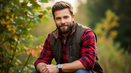 high-detail portrait of man in plaid flannel shirt layered under brown vest, denim jeans, soft outdoor lighting, natural leaf background