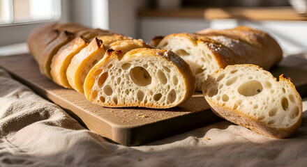 Freshly Baked Sliced Bread Loaf on a Wooden Board with Natural Sunlight - Food Photography
