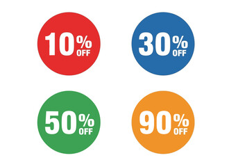 Four circles red blue green and orange display discount percentages 10 30 50 and 90 off