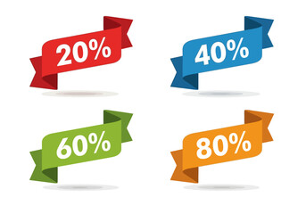 Four colorful banners display discounts 20 40 60 and 80 each a unique shade