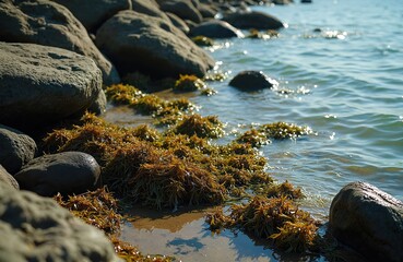 Seaweed on wet seashore with rocks and blue ocean water waves. Textured brown aquatic plants grow near sandy beach during low tide, nature background.