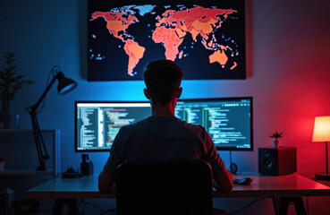 Person at desk with dual monitors codes at night. Screens show programming code and world map graphic. Room illuminated by blue and red ambient light, creating modern tech vibe.