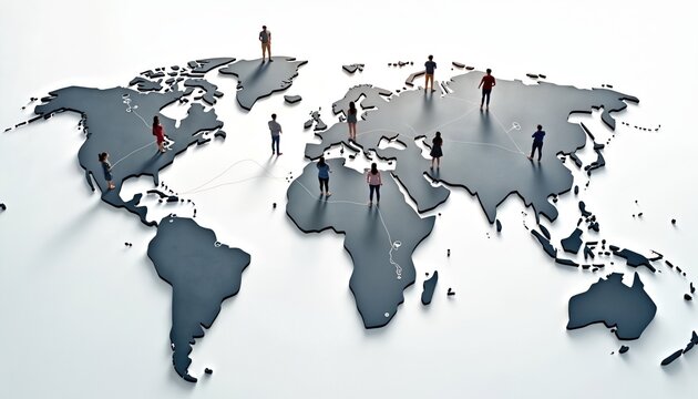 Small diverse people figures stand on world map. Figures connect with lines across continents. Represents global network, business, and communication between different nations and cultures.