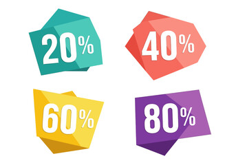 Four colorful geometric sale badges display 20 40 60  80 discounts