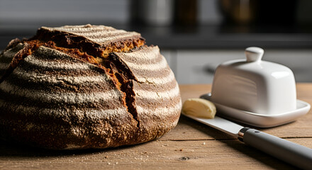 Freshly baked sourdough bread with butter and knife on a wooden table close up