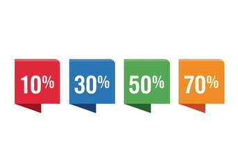 Four colorful tags display discount percentages 10 30 50 and 70