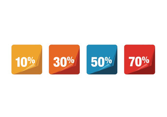 Four colorful squares with folded corners display discount percentages 10 30 50 and 70