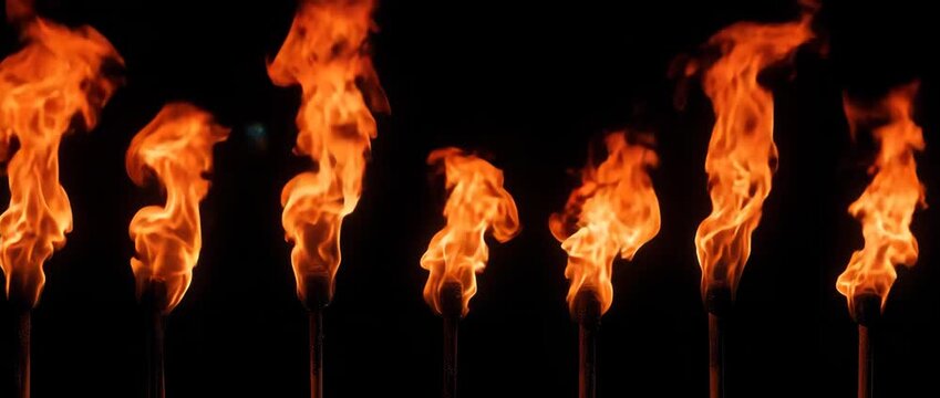 Row of Torches with Tall Bright Flames