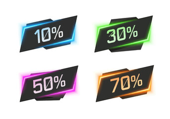 Four dark angled banners each highlight a neonedged discount percentage 10 30 50 and 70