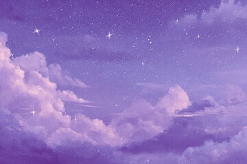 A pastel violet sky illustration depicting fluffy clouds and sparkling stars. A dreamlike ambience