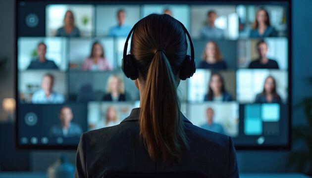 Woman in headset attends online meeting with diverse remote team on multiple screens. Virtual communication in modern digital office setting, business collaboration via video conference. - Powered by Adobe