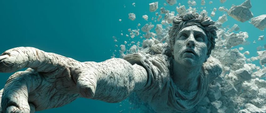 Ancient stone statue arm disintegrating into fragments