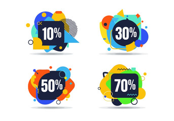 Four discount stickers in various colors featuring different percentages