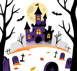Whimsical Haunted Purple Castle Cemetery Vector Illustration, Full Moon, Bats, Bare Trees, Autumn Leaves, and Gravestones