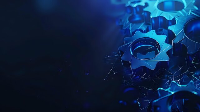 Metallic gear wheels mechanism on dark blue background with glowing particles and depth of field effect, symbolizing business processes and technology.