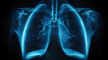 Glowing blue x-ray scan showing detailed view of human lungs and ribcage on black background, medical visualization of respiratory system anatomy.