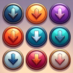 Collection of nine colorful download button icons. They have arrow-shaped designs pointing downwards, each with a glossy look