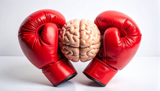 Human brain model pressed between two red boxing gloves against white background, symbolizing mental stress, pressure, and psychological conflict through surreal and metaphorical composition.