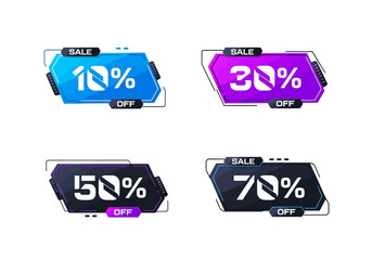 Four geometric sale labels with percentages 10 30 50 70 and OFF text set against a white background