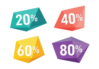 Four polygonal price labels with discounts of 20 40 60 and 80 each in a different vibrant color