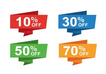 Four sale labels red 10 blue 30 green 50 orange 70 all saying OFF