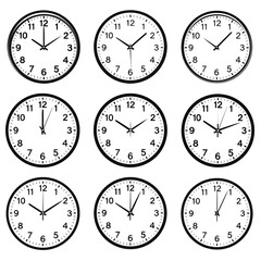 Collection of nine minimalist round clocks, each displaying different times with black hands and numerals against a white background