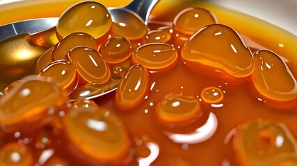 Close-Up View of Shiny Translucent Amber-Colored Liquid with Rounded Gelatinous Droplets and Silver Spoon