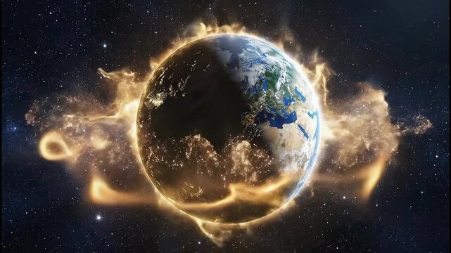 Vertical animation of a powerful energy wave hitting planet earth from space. A glowing golden shield forms around the globe. Cosmic event and planetary protection concept