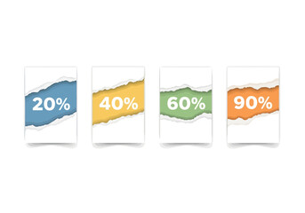 Four white cards display torn edges revealing blue yellow green  orange backgrounds with percentages 20 40 60 and 90