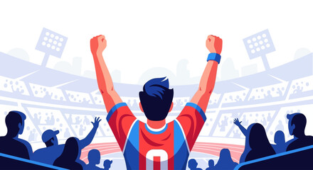 A victorious soccer player celebrating a win with arms raised high in the stadium, cheered by fans.