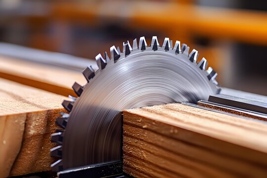 Circular saw blade cutting through wooden plank, close-up view showing motion blur of spinning blade and sawdust in workshop setting. For construction and carpentry concepts.