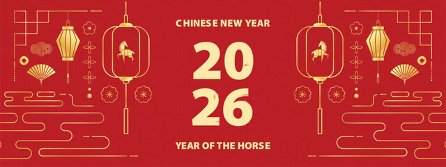 Happy chinese new year 2026 year of the horse vector illustration background. Gold horse zodiac, lanterns, and pattern cloud on red banner.