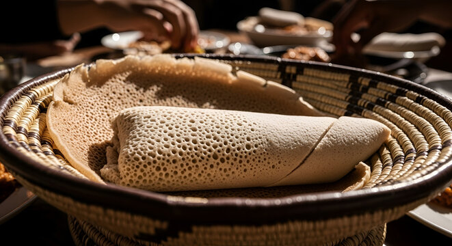 Freshly Prepared Injera and Traditional Eritrean Cuisine Served in a Woven Basket