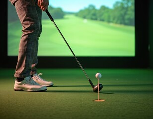 Man golfer practices hitting ball on virtual golf simulator screen. Player uses club for indoor golf game training. Modern sport tech recreation.