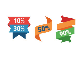 Three colorful discount stickers with 10 30 50 and 90 discount percentages