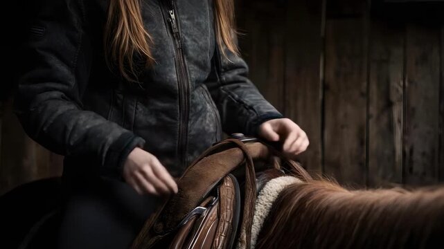 Close-up of a rider adjusting a brown leather saddle on a horse, hands gripping straps, dark jacket, wooden fence in the background.