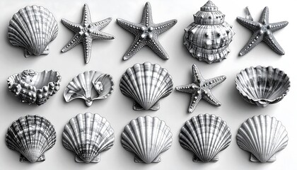 Collection of seashells and starfish arranged on a white surface in a monochromatic, high-contrast composition