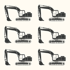 Vector art of set of six excavator icons in black silhouette on a light beige background