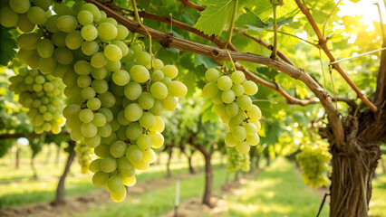 Grapes on tree branch in garden, Grape hanging tree in natural warm sunlight background © Sabbir Digital