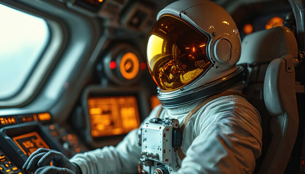 Astronaut inside spacecraft controls glowing dashboard. Person in white suit and gold helmet operates futuristic tech. Space explorer pilots ship through stars.
