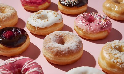 Many doughnuts of different flavors are neatly arranged at an Angle, with a light pink background